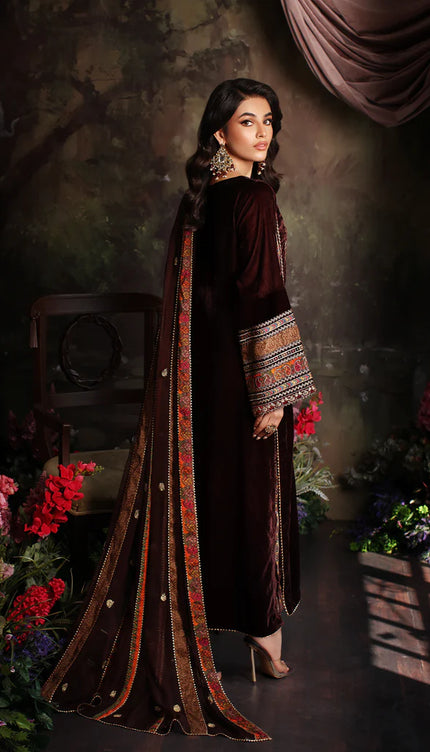 3 Pc Stitched Embroidered Velvet With Embroidered Chiffon Dupatta CVT3-06