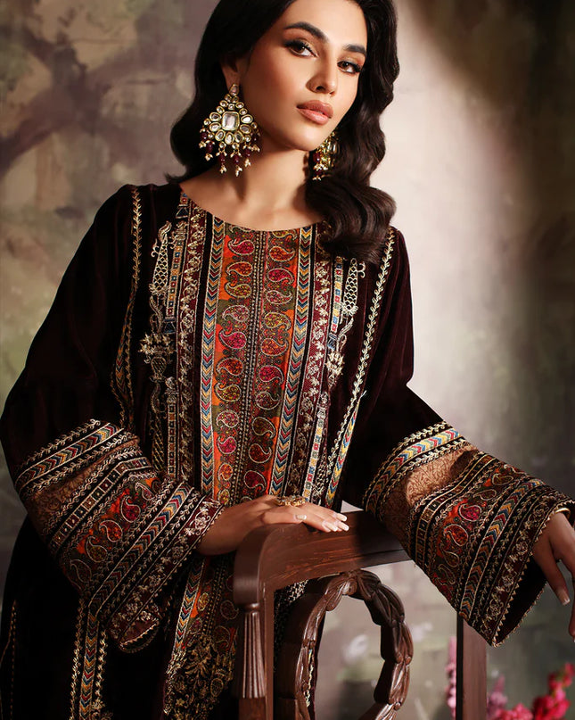 3 Pc Stitched Embroidered Velvet With Embroidered Chiffon Dupatta CVT3-06