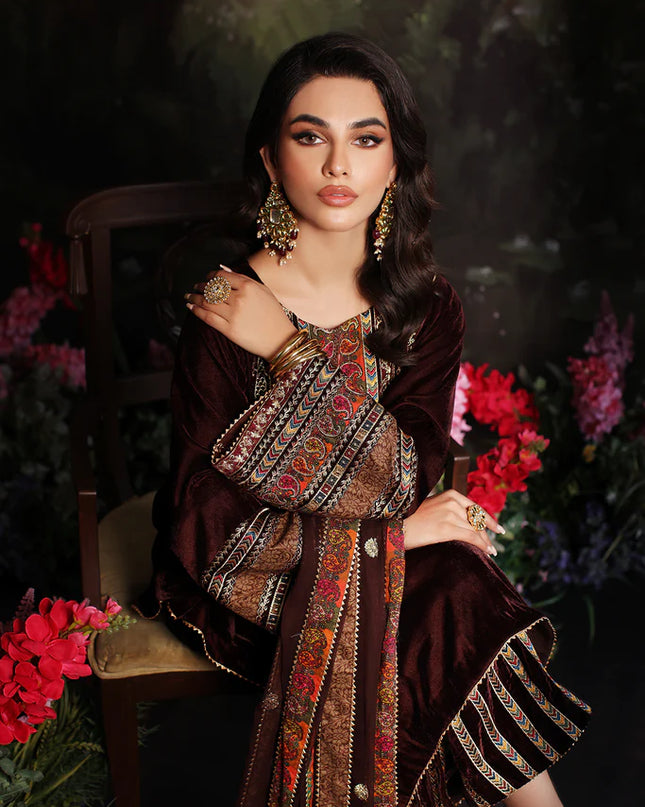3 Pc Stitched Embroidered Velvet With Embroidered Chiffon Dupatta CVT3-06