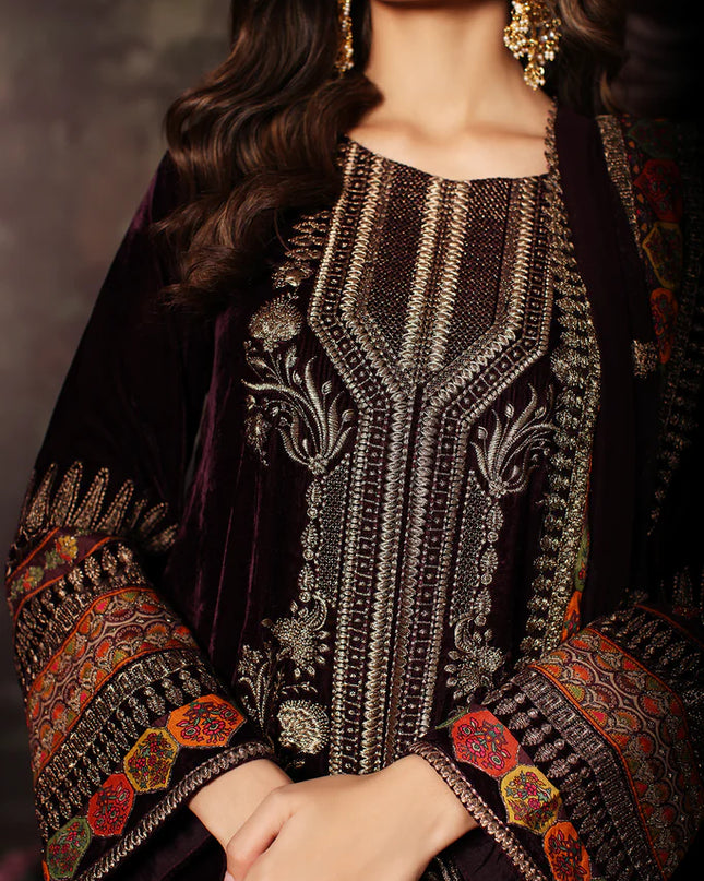 3 Pc Stitched Embroidered Velvet With Embroidered Chiffon Dupatta CVT3-01