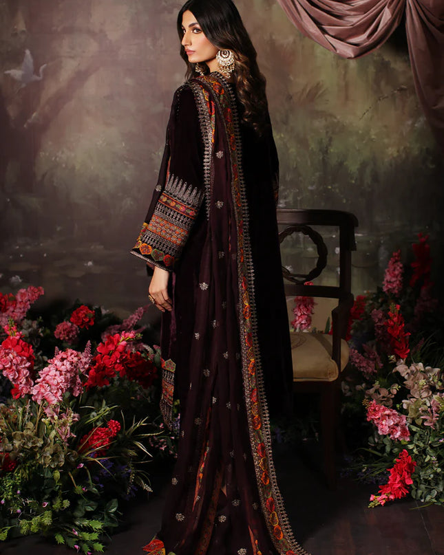 3 Pc Stitched Embroidered Velvet With Embroidered Chiffon Dupatta CVT3-01