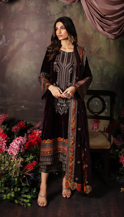 3 Pc Stitched Embroidered Velvet With Embroidered Chiffon Dupatta CVT3-01