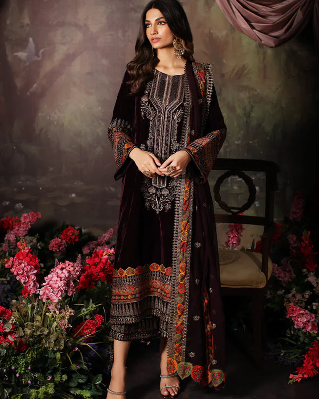 3 Pc Stitched Embroidered Velvet With Embroidered Chiffon Dupatta CVT3-01
