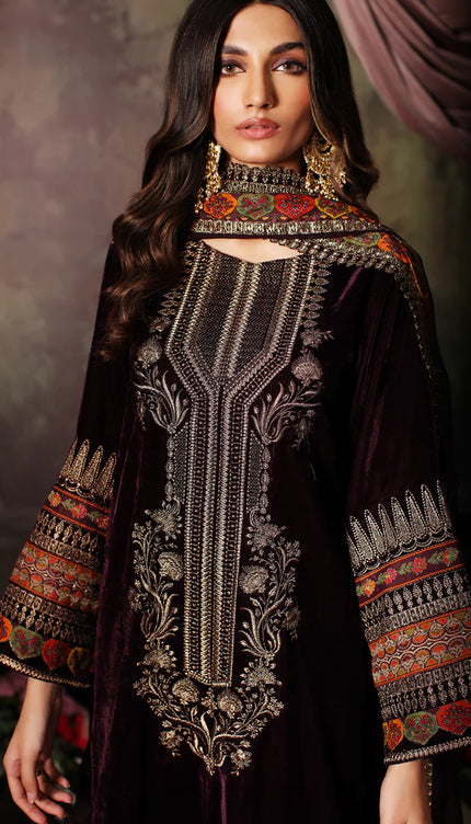 3 Pc Stitched Embroidered Velvet With Embroidered Chiffon Dupatta CVT3-01