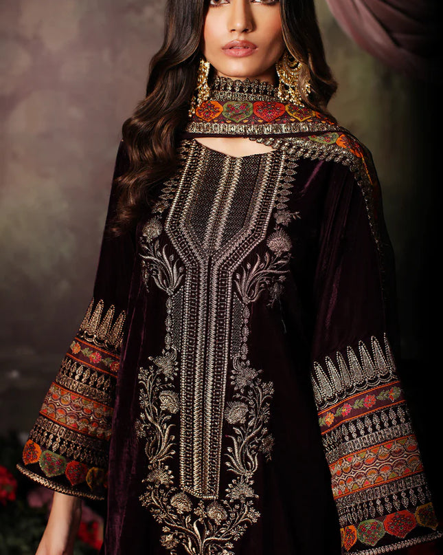 3 Pc Stitched Embroidered Velvet With Embroidered Chiffon Dupatta CVT3-01