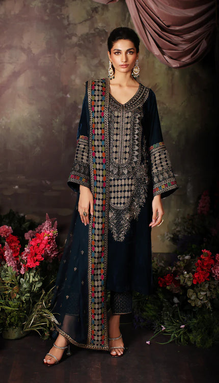 3 Pc stitched Embroidered Velvet With Embroidered Chiffon Dupatta CVT3-05