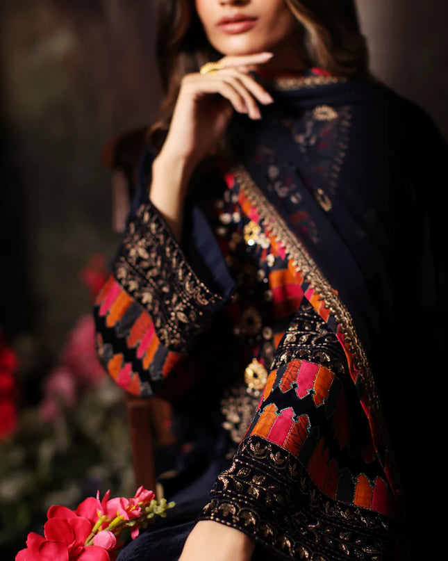 3 Pc Stitched Embroidered Velvet With Embroidered Chiffon Dupatta