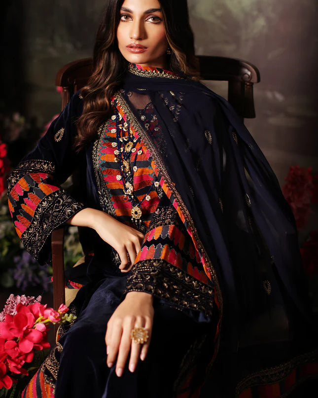 3 Pc Stitched Embroidered Velvet With Embroidered Chiffon Dupatta