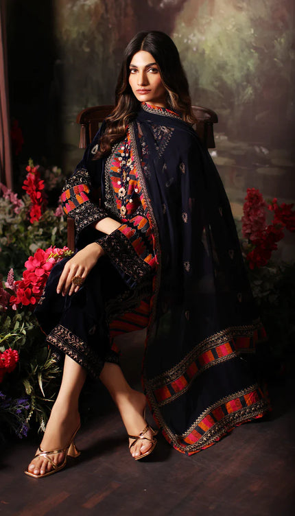 3 Pc Stitched Embroidered Velvet With Embroidered Chiffon Dupatta